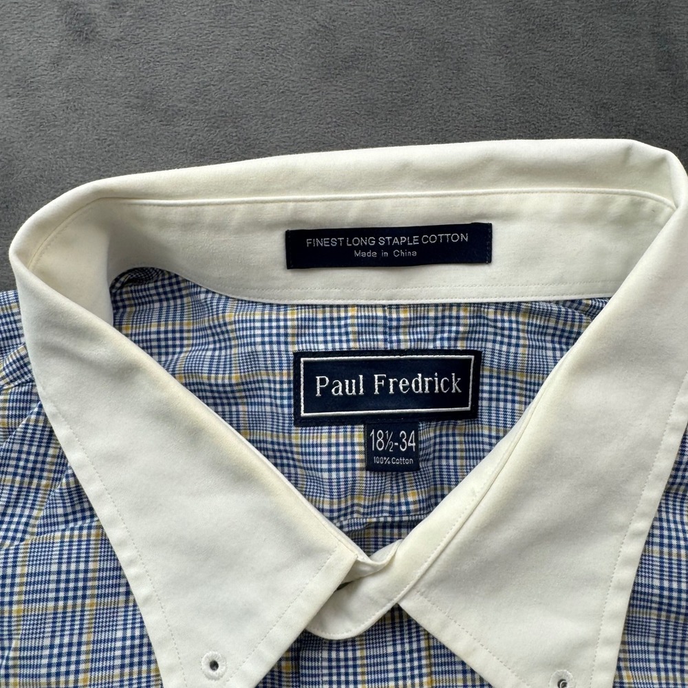 Paul Fredrick Mens 18.5 34 Plaid Cotton French Cuff Pin Collar Dress Shirt Blue - Picture 5 of 8